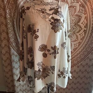 Maurices Floral Boho V-Neck Blouse Cream Gold XXL Smocked Cuff Long Sleeve